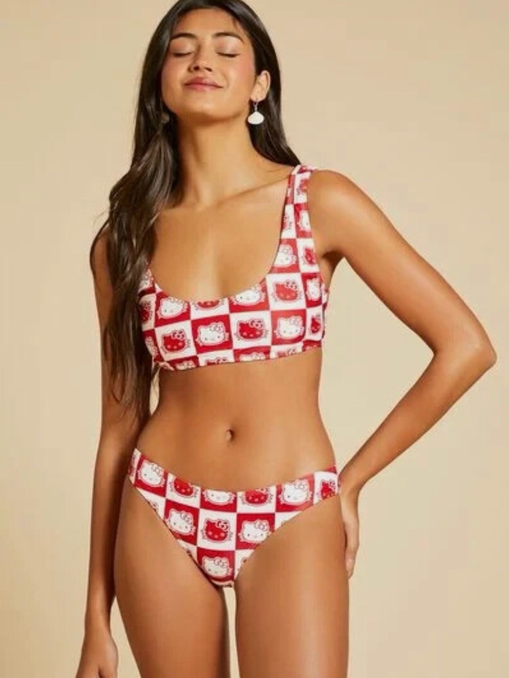 New Forever 21 Hello Kitty Bikini Top & Bottom Set Red & White Checkerboard  1X